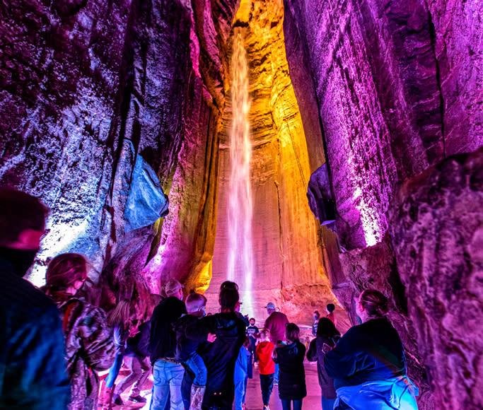 waterfall in cave purple light in ruby falls in chattanooga tn