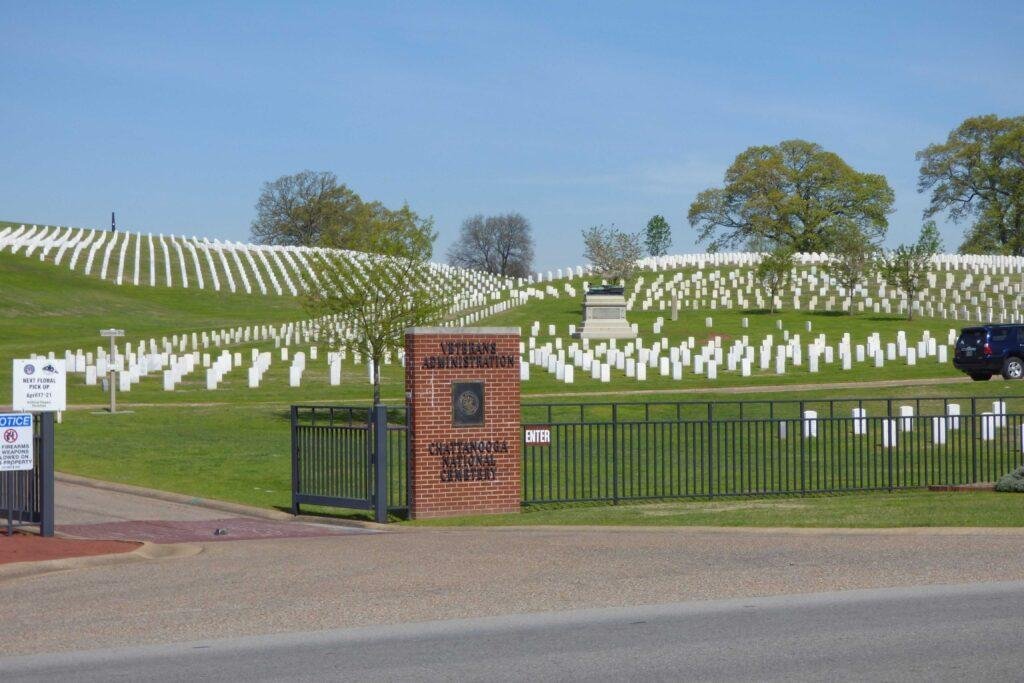 Chattanooga National Cemetery tombstones on green hills in chattanooga tennessee