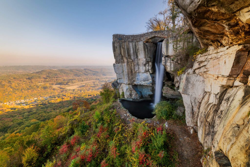 Drone shot of lookout mountain and waterfall in chattanooga TN