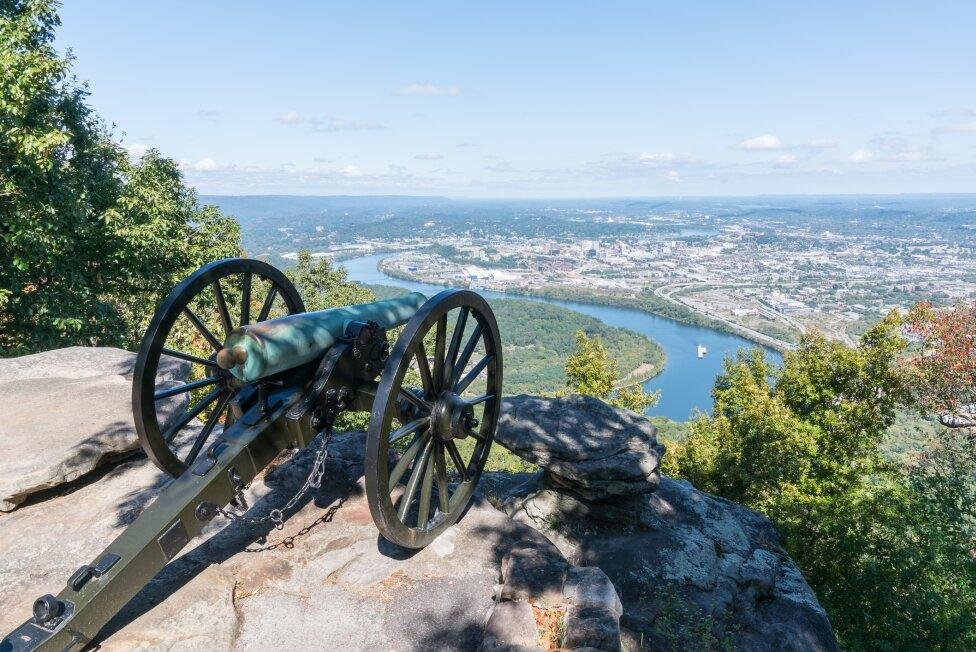 canon at Chickamauga & Chattanooga National Military Park overlooking the city of chattanooga tennessee