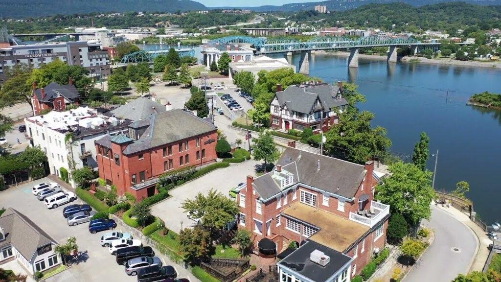 drone shot of Bluff View Art District in chattanooga tn