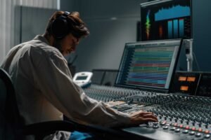 audio engineer listening to music trying to optimize the sound quality